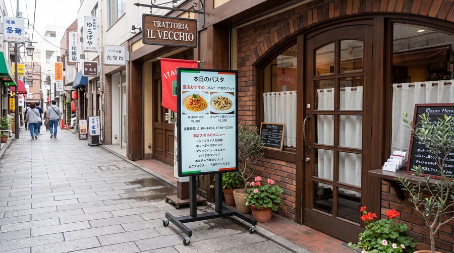 飲食店の店頭に設置されたサイネージのイメージ